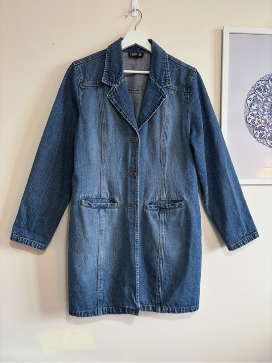 Vintage Jackets & Blazers - Contrast Jeans Denim Duster Trench Coat Long Jacket Y2K | Size L